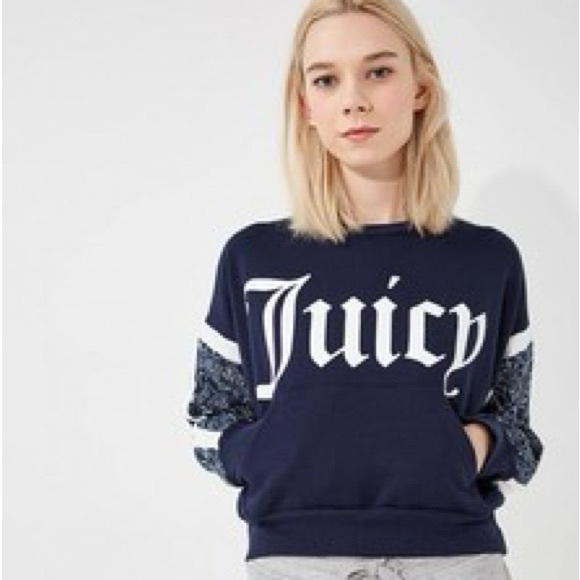 Juicy Couture Navy Graphic Logo Sweatshirt with Printed Sleeves size small - Picture 1 of 5